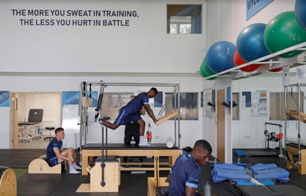 Left to right: Wycombe’s David Wheeler, Brandon Hanlan and Sullay Kaikai prepare in the gym.