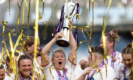 The Red Roses celebrate after winning the Women’s Six Nations at Twickenham in 2023.