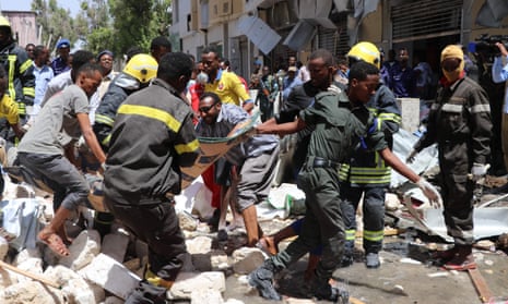 The aftermath of a car bombing in Mogadishu carried out by al-Shabaab