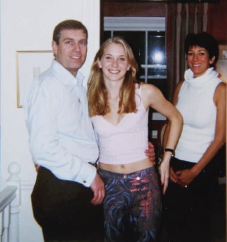 Andrew Mountbatten Windsor, Virginia Giuffre, and Ghislaine Maxwell in a photograph, taken on 10 March 2001