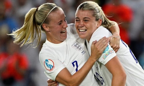 Beth Mead and Alessia Russo celebrate during England’s 8-0 win against Norway in Brighton