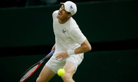 Andy Murray cries out in pain during his match with Stefanos Tsitsipas on Centre Court