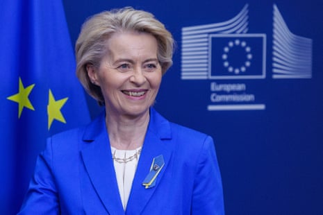 EU Commission President Ursula von der Leyen looks on during her meeting with the Ukrainian prime minister in the EU Commission building in Brussels, Belgium.