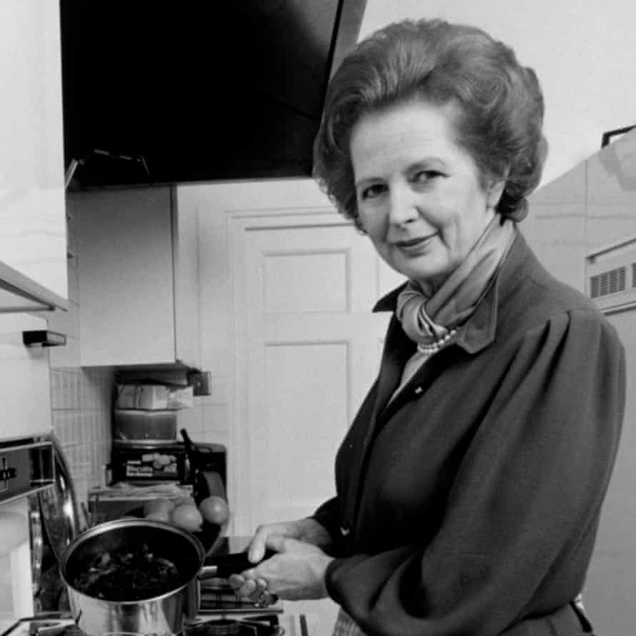 Margaret Thatcher in the kitchen of her flat at 10 Downing Street.