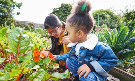 Children looking at flowers in a garden