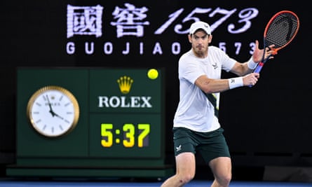 The match time of 5hr 37min is displayed behind Andy Murray v Thanasi Kokkinakis in the second round of this year’s Australian Open