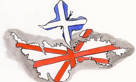 Illustration by Andrzej Krauze of detached Scotland turning into saltire sword to menace England