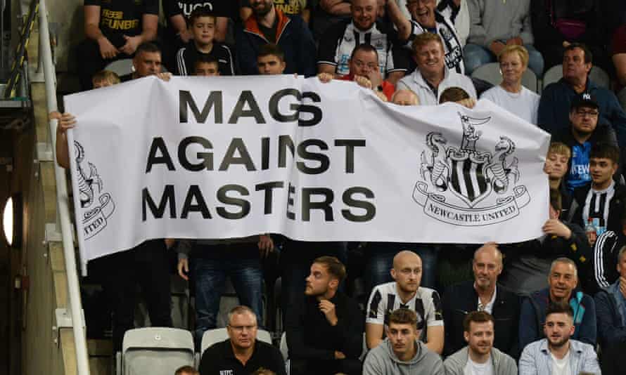 Newcastle fans hold up a banner protesting against the Premier League’s Richard Masters at their last home game, against Leeds on 17 September, before the takeover had been approved.