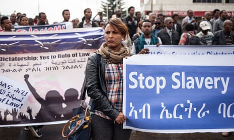 Eritreans demonstrate in front of the African Union headquarters in Addis Ababa, asking for measures to be taken against the country over human rights violations