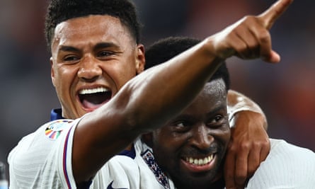 Ollie Watkins celebrates with Marc Guéhi after scoring the England winner v Netherlands
