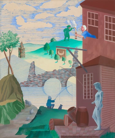 Kerby (After Hogarth) Useful Knowledge, 1975This painting was a milestone, it being the first time Hockney deliberately experimented with “reverse perspective”, challenging the rigid, fixed point perspective traditional to western art. The work is a parody of Satire on False Perspective, a 1754 engraving by the British satirist William Hogarth for a book by his friend John Joshua Kirby. It was called Dr Brook Taylor’s Method of Perspective Made Easy and Hockney deliberately spelt his name wrong.