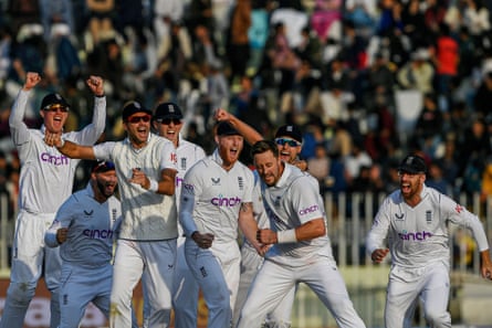 England celebrate after a dismissal during the final day of the first Test match against Pakistan in 2022
