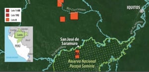 Map showing where oil operations, marked by red box ‘8x’, take place in the Pacaya Samiria National Reserve in Peru’s Amazon.