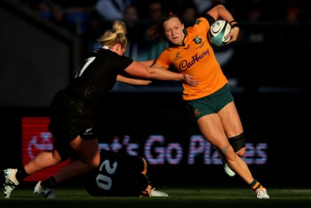Australia’s rugby sevens star Maddison Levi runs the ball during her Wallaroos debut against New Zealand