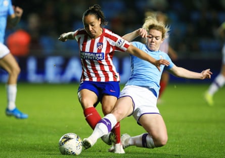 Aoife Mannion (right) injured a knee ligament against Atlético Madrid.