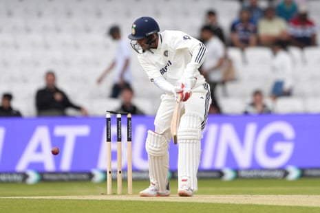 India's Shubman Gill is bowled out by England's Brydon Carse.
