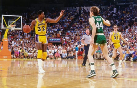 Johnson on court for the Los Angeles Lakers against the Boston Celtics at The Forum, LA, in 1988.