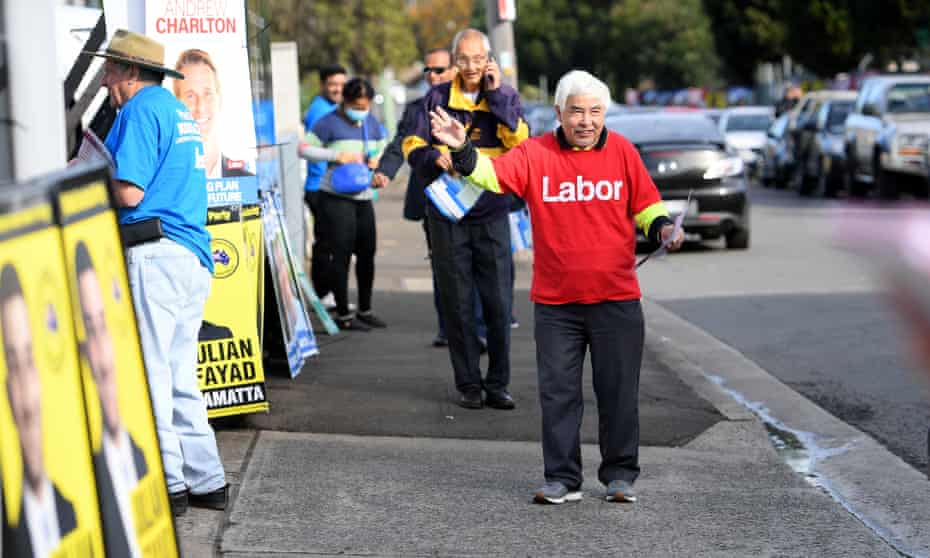 Volunteers outside an early voting centre in the electorate of Parramatta in Sydney.