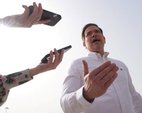 Marco Rubio talking to journalists in New Delhi during an official visit to India