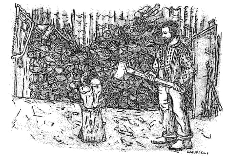 A pencil drawing by Kirsty Alston of a man chopping wood with an axe