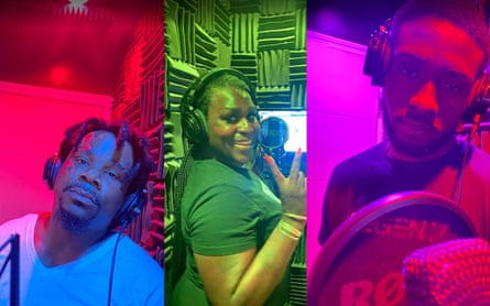 Composite photo of three people in recording studios