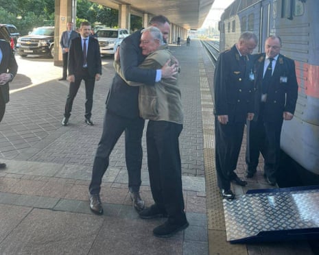 Head of the Office of the President of Ukraine Andriy Yermak embraces US Special Envoy for Ukraine Keith Kellogg after his arrival, amid Russia's attack on Ukraine, in Kyiv, Ukraine.