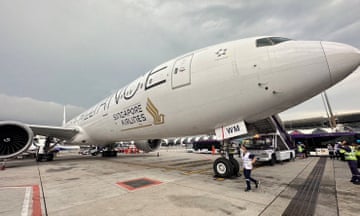 The Singapore Airlines aircraft on the tarmac after  an emergency landing at Bangkok's Suvarnabhumi International airport, Thailand.