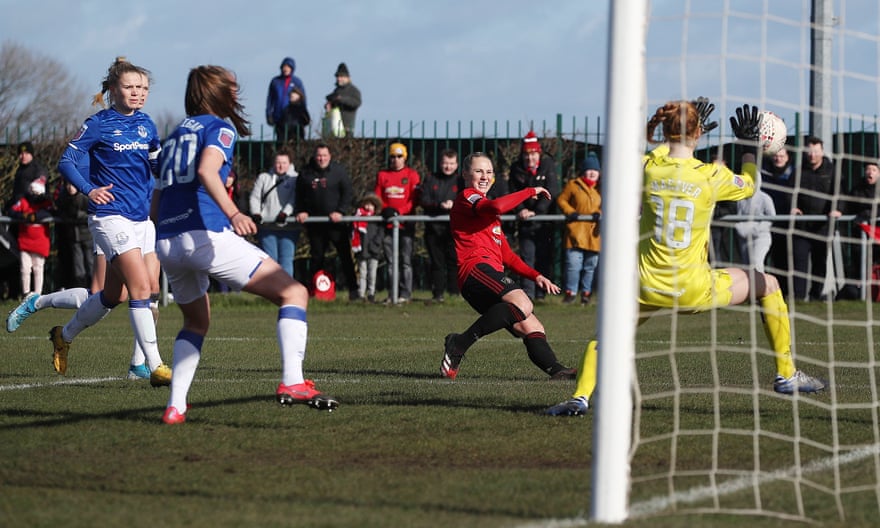 Leah Galton fires home Manchester United’s first goal in their 3-2 win at Everton on 23 February, the last day of WSL matches before the league was postponed.