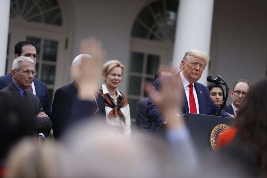 U.S. President Donald Trump takes a question from a member of the media during a news conference in the Rose Garden of the White House in Washington, D.C., U.S., on Friday, March 13, 2020. Trump declared a national emergency over the coronavirus outbreak to allow for more federal aid for states and municipalities.