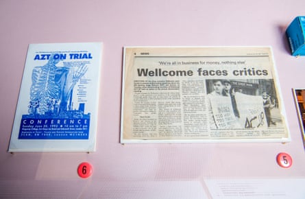 A clip from a newspaper with a headline saying ‘Wellcome faces critics’’ and a poster with a headline saying ‘AZT on trial’