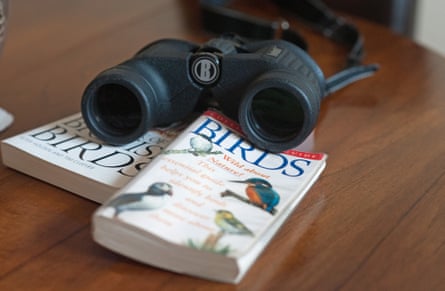 A pair of binoculars and a bird identification guide book.