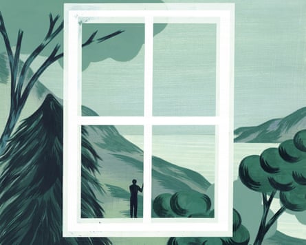 Illustration of a figure standing at a window with landscape beyond