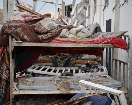 A bunk bed covered in debris after a strike on a drug rehabilitation hospital