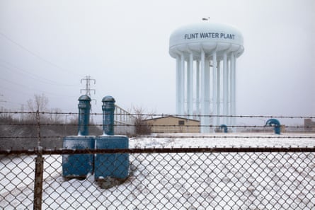 The water tower at Flint’s water treatment plant.