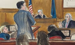 A court sketch of Donald Trump, left, watching as David Pecker answers questions on the witness stand, far right.