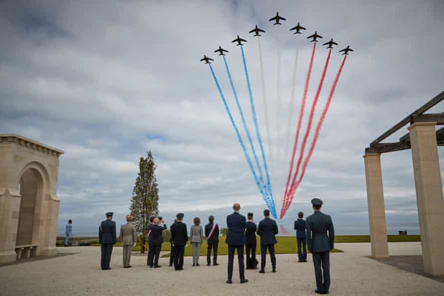 The Patrouille de France flies over the British Normandy memorial during the opening ceremony on the 77th anniversary of D-Day.
