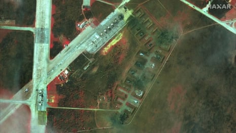 An infrared overview of damaged aircraft at Saki Airbase in Novofedorivka, Crimea, supplied by Maxar Technologies.