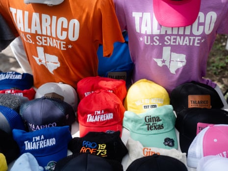 Campaign merchandise was displayed at a rally for Democratic Senate candidate James Talarico in Del Rio, Texas of 13 July.