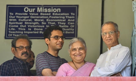 Infosys founder and mentor Narayana Murthy (R), his wife Sidha Murthy and son Rohan Murthy in Bangalore in 2019