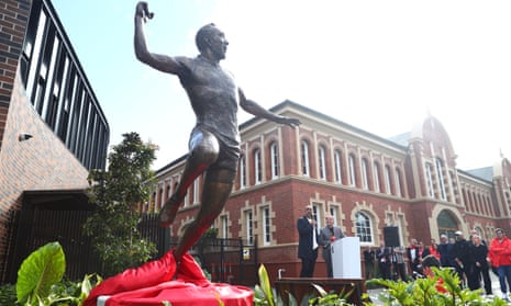 A statue of former Sydney Swans AFL footballer Adam Goodes in his iconic ‘war cry’ post outside the Sydney Cricket Ground. 
