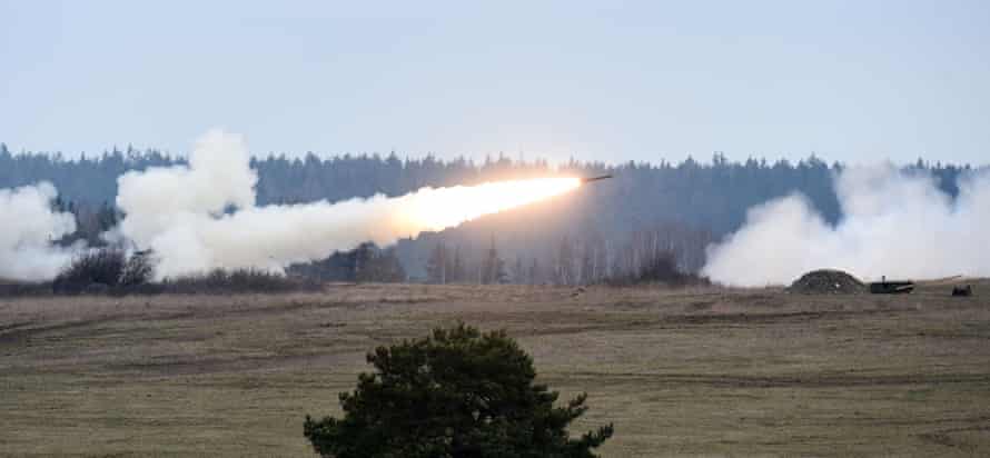 A Multiple Launch Rocket System (MLRS) shoots during an artillery live fire event by the US Army Europe’s 41st Field Artillery Brigade at the military training area in Grafenwoehr, southern Germany in 2020.