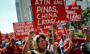 Anti-China protestors mount a protest rally against China’s territorial claims in the Spratlys group of islands in the South China Sea in front of the Chinese Consulate in Makati, Philippines.