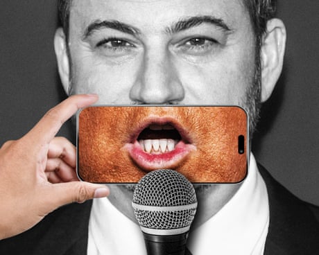 Jimmy Kimmel speaks in to a microphone as someone holds a phone with Trump's mouth over the top of his mouth