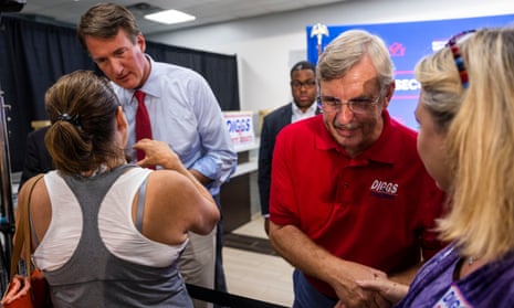 Virginia Governor Glenn Youngkin, left, is not on the ballot himself, but his agenda and prospects pretty much are. Here he is with 24th District state Senate candidate Danny Diggs speaking with supporters following an early voting rally in September, in Newport News. Virginia’s voters decide today whether to empower Republicans with full state government control or let Democrats keep serving as a bulwark (with state senate control) against Youngkin’s agenda.