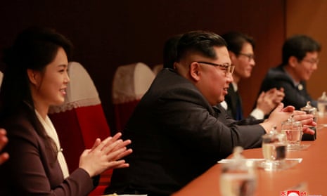 Kim Jong-un and his wife Ri Sol-ju watch the concert in Pyongyang on Sunday from which some South Korean journalists were mistakenly barred.