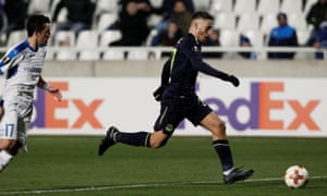 Everton’s Nikola Vlasic races through before slotting home their third goal.
