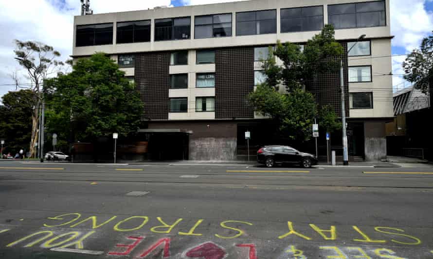 A view of the Park hotel. On the ground in front of the hotel, chalk writing can be seen which says "we see and love you, stay strong'