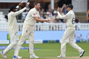 Ollie Robinson celebrates taking the wicket of India’s Ishant Sharma.