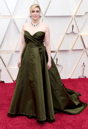 Greta Gerwig in olive-green Dior: an edgy colour choice for the actor/director.