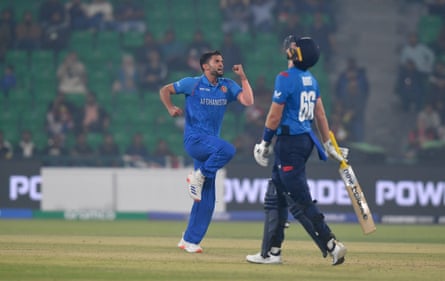 Azmatullah Omarzai celebrates dismissing Joe Root as Afghanistan beat England at the 2025 Champions Trophy